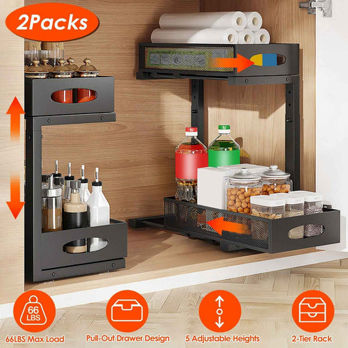 2 Pack Multi-Purpose Pull-Out Storage Organizers, Under Sink Organizers and Storage for Bathroom & Kitchen, Under Cabinet Organizers and storage, 12.8 Inch, Black