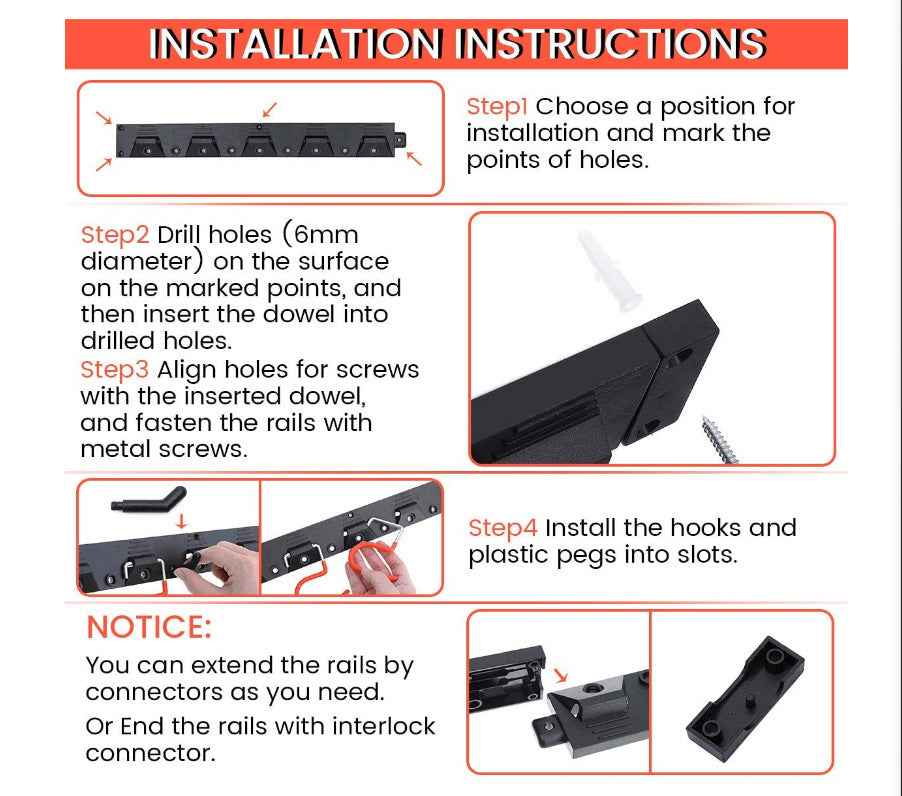 IMILLET 2 Pack Mop and Broom Holder, Wall Mounted Organizer Mop and Broom Storage Tool Rack with 5 Ball Slots and 6 Hooks (Black)