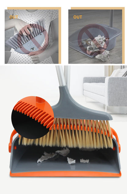 Broom and Dustpan Set for Home, Broom and Dustpan Combo for Office, Long Handle Broom with Upright Standing Dust pan,Indoor&Outdoor Sweeping (Gray&Orange)
