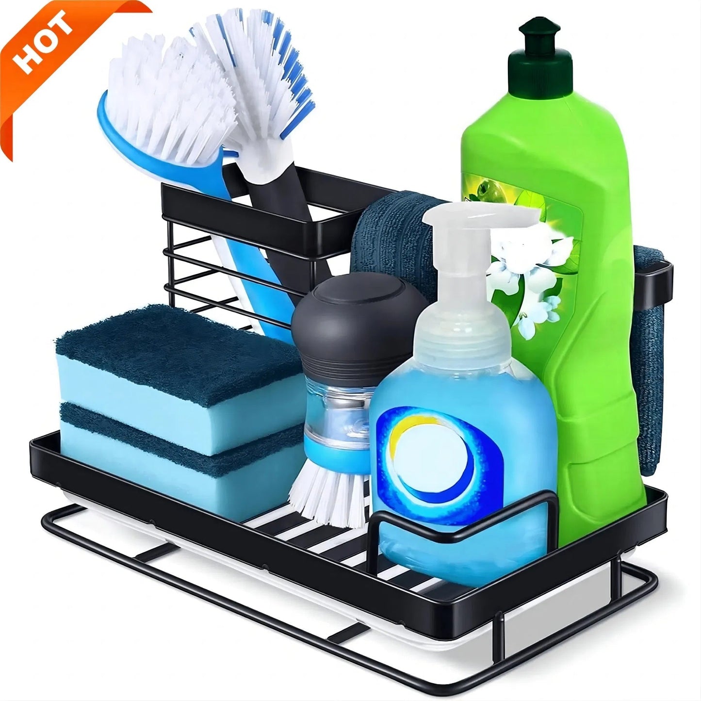 Cisily Black Sponge Holder for Kitchen Sink, Sink Caddy Organizer with High Brush Holder, Kitchen Countertop Organizers and Storage Essentials, Rustproof 304 Stainless Steel, Soap Dispenser Organize