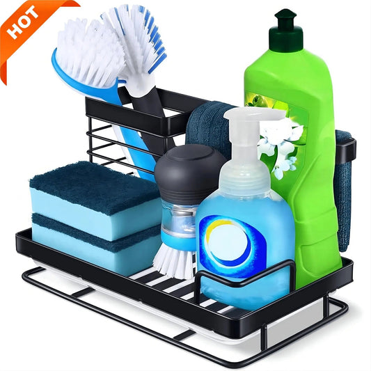 Cisily Black Sponge Holder for Kitchen Sink, Sink Caddy Organizer with High Brush Holder, Kitchen Countertop Organizers and Storage Essentials, Rustproof 304 Stainless Steel, Soap Dispenser Organize