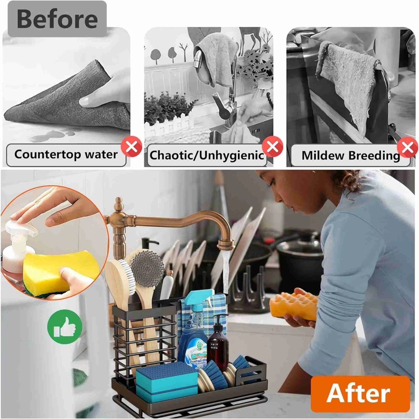 Cisily Black Sponge Holder for Kitchen Sink, Sink Caddy Organizer with High Brush Holder, Kitchen Countertop Organizers and Storage Essentials, Rustproof 304 Stainless Steel, Soap Dispenser Organize