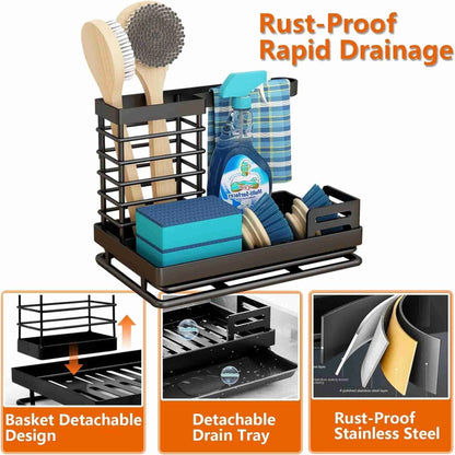 Cisily Black Sponge Holder for Kitchen Sink, Sink Caddy Organizer with High Brush Holder, Kitchen Countertop Organizers and Storage Essentials, Rustproof 304 Stainless Steel, Soap Dispenser Organize