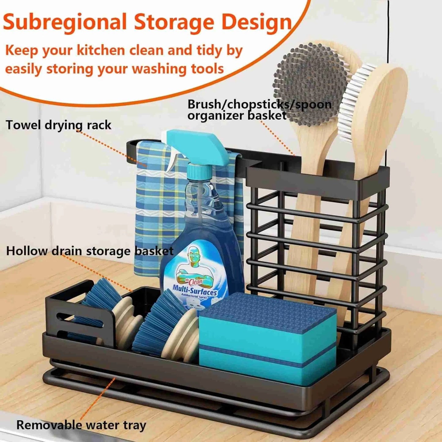 Cisily Black Sponge Holder for Kitchen Sink, Sink Caddy Organizer with High Brush Holder, Kitchen Countertop Organizers and Storage Essentials, Rustproof 304 Stainless Steel, Soap Dispenser Organize