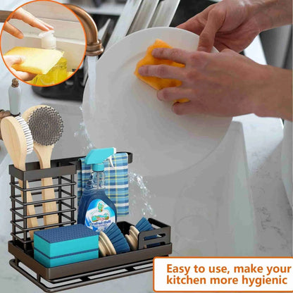 Cisily Black Sponge Holder for Kitchen Sink, Sink Caddy Organizer with High Brush Holder, Kitchen Countertop Organizers and Storage Essentials, Rustproof 304 Stainless Steel, Soap Dispenser Organize