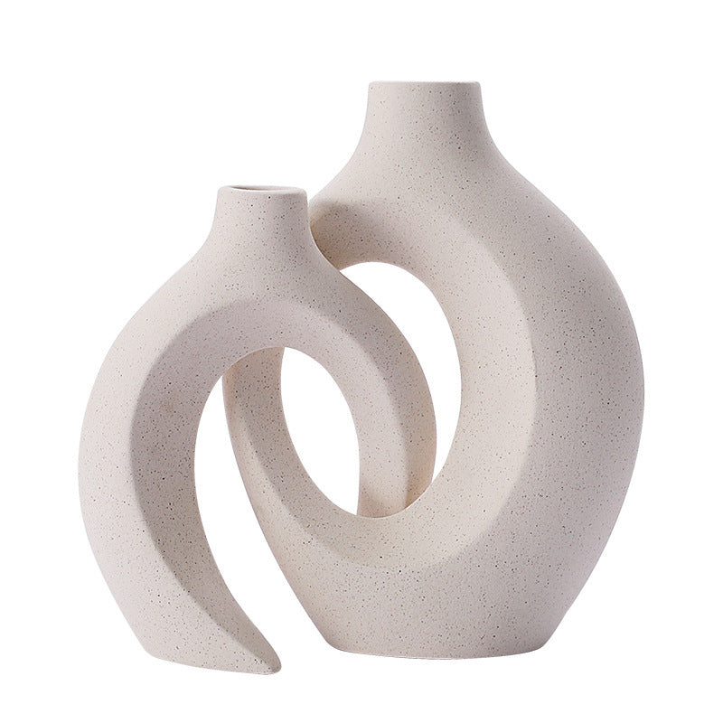 Snuggle Hollow Ceramic Vase Set of 2, Nordic Modern Boho ins Style Decorative Ceramic Aesthetic Flower Vase for Home Decor (Milky White W 6.3" X H 8.4")