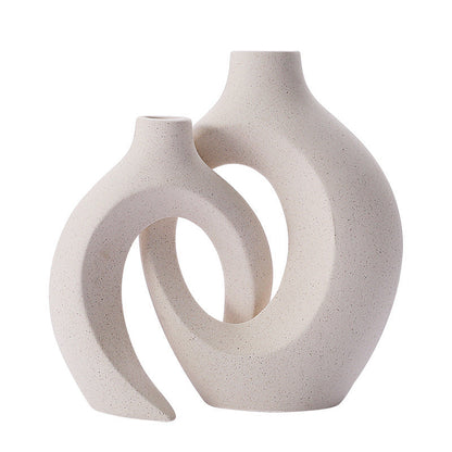 Snuggle Hollow Ceramic Vase Set of 2, Nordic Modern Boho ins Style Decorative Ceramic Aesthetic Flower Vase for Home Decor (Milky White W 6.3" X H 8.4")