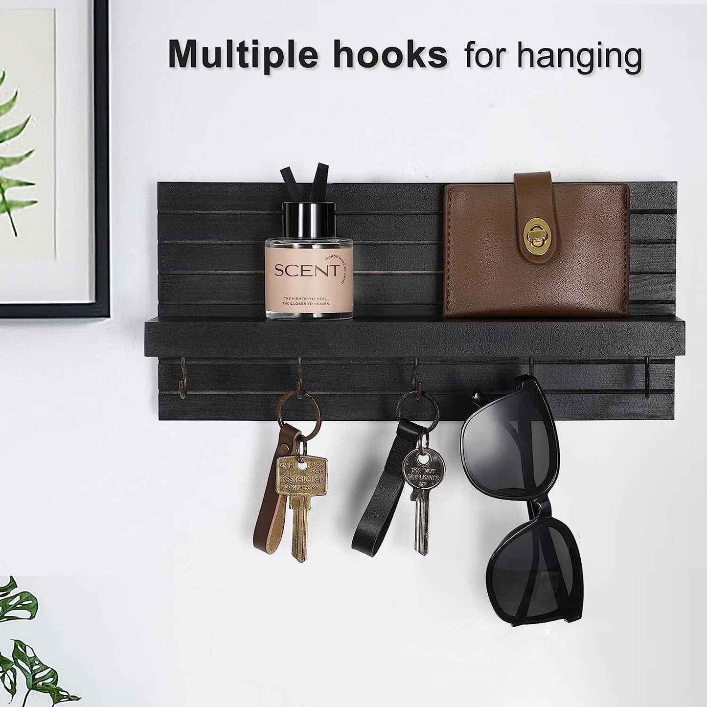 Key Holder for Wall, Decorative Key and Mail Holder with Shelf Has Large Hooks for Bags, Coats, Umbrella – Paulownia Wood Key Hanger with Mounting Hardware (9.8”W x 6.7”H x 4.2”D)