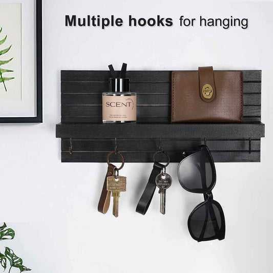 Key Holder for Wall, Decorative Key and Mail Holder with Shelf Has Large Hooks for Bags, Coats, Umbrella – Paulownia Wood Key Hanger with Mounting Hardware (9.8”W x 6.7”H x 4.2”D)