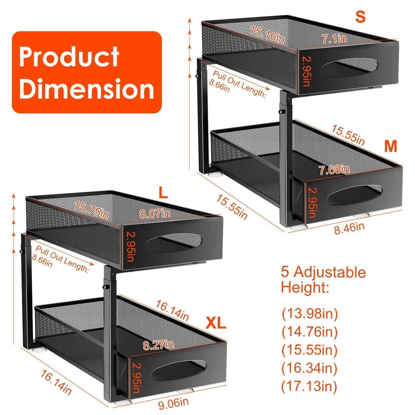 2 Pack Multi-Purpose Pull-Out Storage Organizers, Under Sink Organizers and Storage for Bathroom & Kitchen, Under Cabinet Organizers and storage, 12.8 Inch, Black
