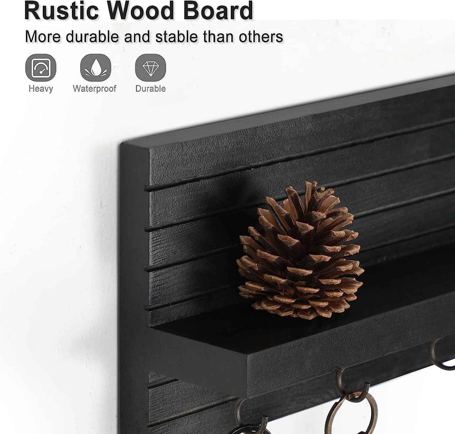 Key Holder for Wall, Decorative Key and Mail Holder with Shelf Has Large Hooks for Bags, Coats, Umbrella – Paulownia Wood Key Hanger with Mounting Hardware (9.8”W x 6.7”H x 4.2”D)