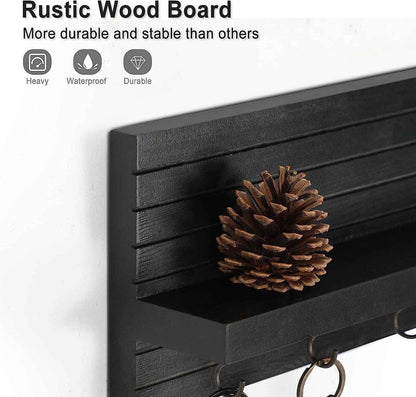 Key Holder for Wall, Decorative Key and Mail Holder with Shelf Has Large Hooks for Bags, Coats, Umbrella – Paulownia Wood Key Hanger with Mounting Hardware (9.8”W x 6.7”H x 4.2”D)