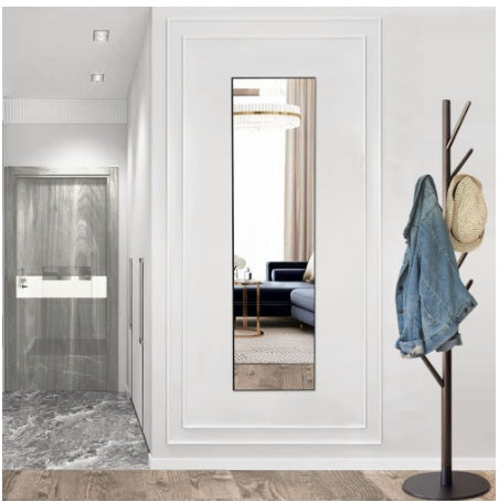 مرآة دوموس مقوسة بطول كامل مع حامل، مقاس 64 بوصة × 21 بوصة، إطار ألومنيوم أرضي لغرفة النوم، تصميم عصري بسيط، ديكور منزلي مقاوم للكسر، زجاج نانو، جدار غرفة المعيشة، غرفة الملابس، أسود