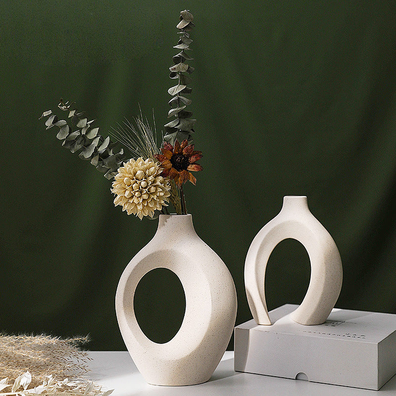 Snuggle Hollow Ceramic Vase Set of 2, Nordic Modern Boho ins Style Decorative Ceramic Aesthetic Flower Vase for Home Decor (Milky White W 6.3" X H 8.4")