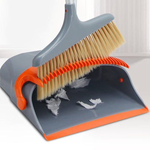 Broom and Dustpan Set for Home, Broom and Dustpan Combo for Office, Long Handle Broom with Upright Standing Dust pan,Indoor&Outdoor Sweeping (Gray&Orange)