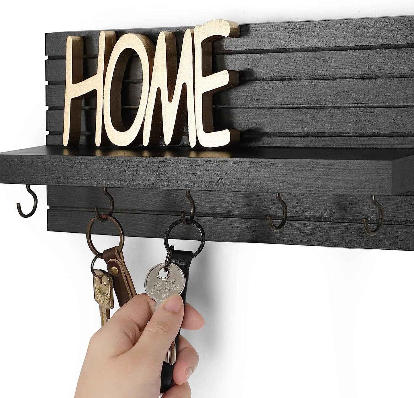 Key Holder for Wall, Decorative Key and Mail Holder with Shelf Has Large Hooks for Bags, Coats, Umbrella – Paulownia Wood Key Hanger with Mounting Hardware (9.8”W x 6.7”H x 4.2”D)