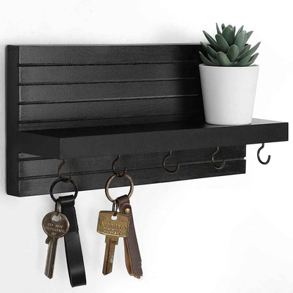 Key Holder for Wall, Decorative Key and Mail Holder with Shelf Has Large Hooks for Bags, Coats, Umbrella – Paulownia Wood Key Hanger with Mounting Hardware (9.8”W x 6.7”H x 4.2”D)