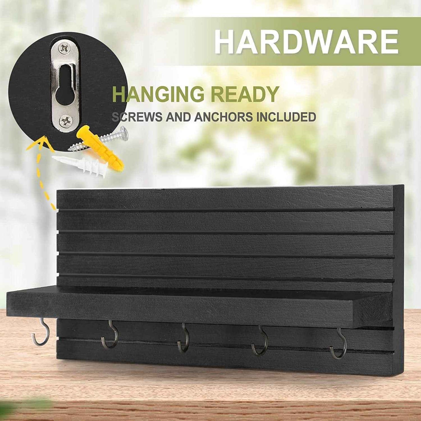 Key Holder for Wall, Decorative Key and Mail Holder with Shelf Has Large Hooks for Bags, Coats, Umbrella – Paulownia Wood Key Hanger with Mounting Hardware (9.8”W x 6.7”H x 4.2”D)