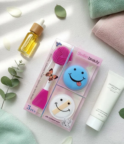 Sweet Beauty - 3-in-1 Silicone Gel Face Cleaning Makeup Puff Set